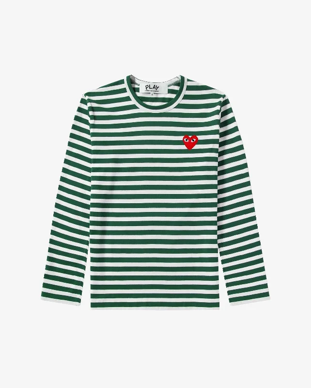 T164 UNISEX RED HEART L/S T-SHIRT / GREEN STRIPE