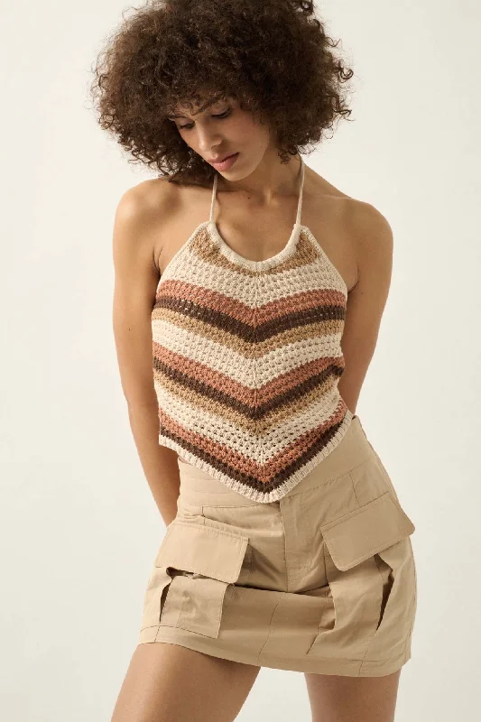 True Horizon Striped Crochet Knit Halter Top