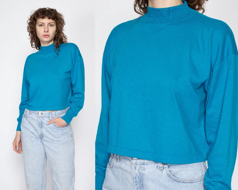 XL 80s Blue Mockneck Cropped Long Sleeve Tee