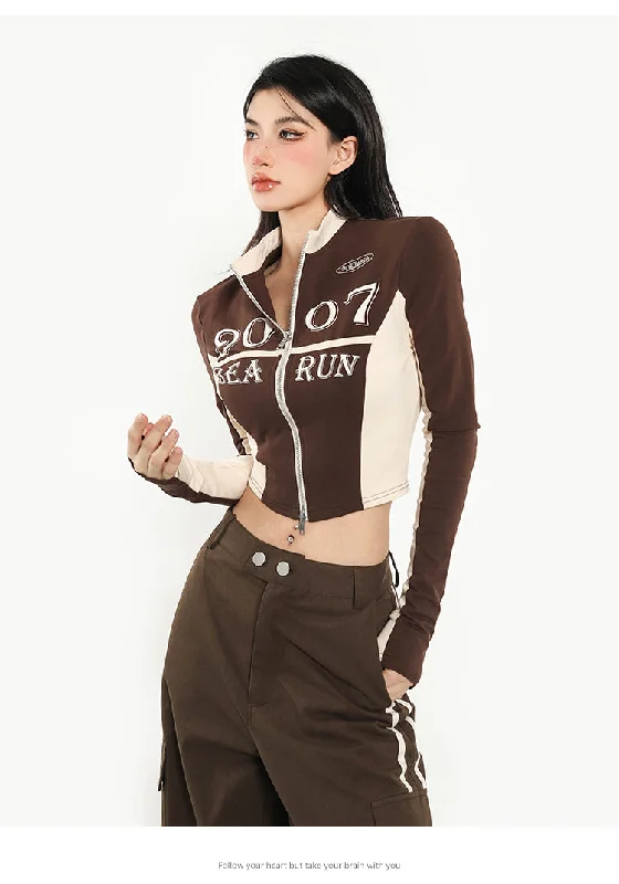 2007 Patchwork Long Sleeve Zip Up Cropped Top