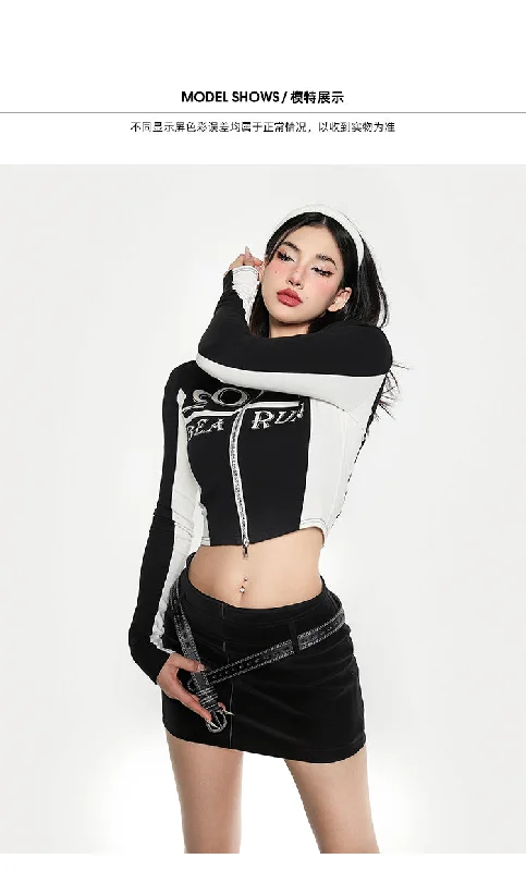 2007 Patchwork Long Sleeve Zip Up Cropped Top