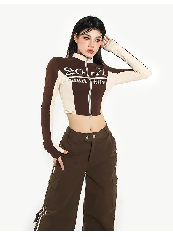 2007 Patchwork Long Sleeve Zip Up Cropped Top