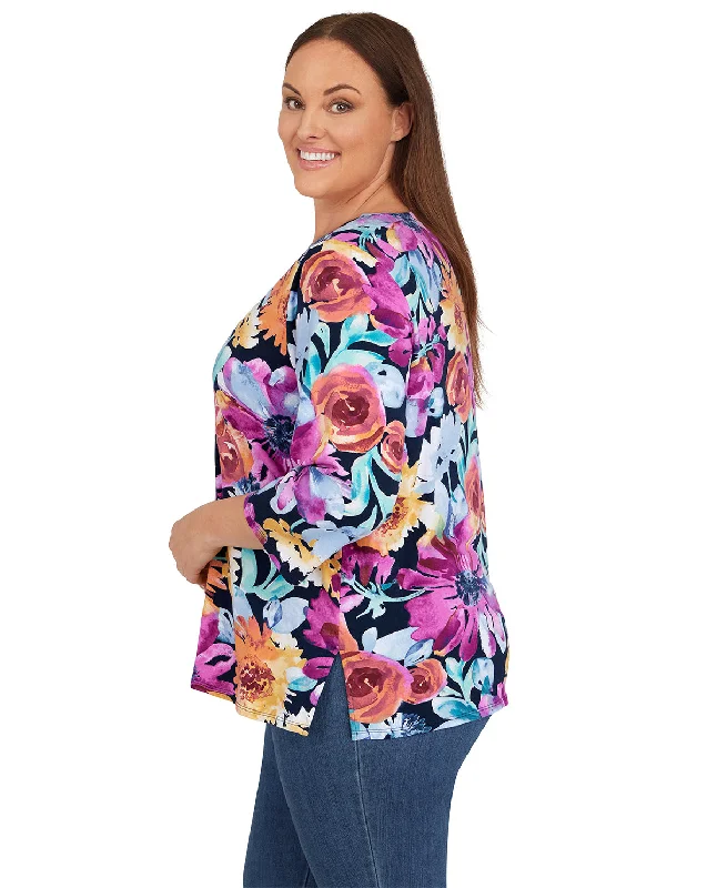 Alfred Dunner Plus 3/4 Sleeve Floral Knit Top