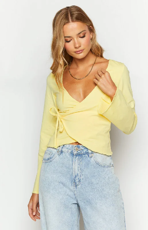 Fantasize Yellow Long Sleeve Front Wrap Top