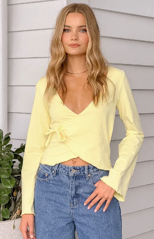 Fantasize Yellow Long Sleeve Front Wrap Top