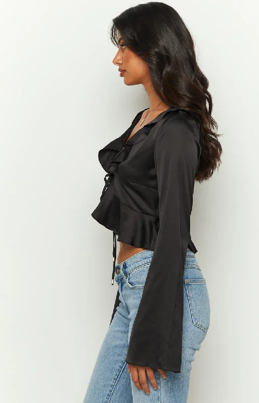 Kazan Black Satin Long Sleeve Frill Top