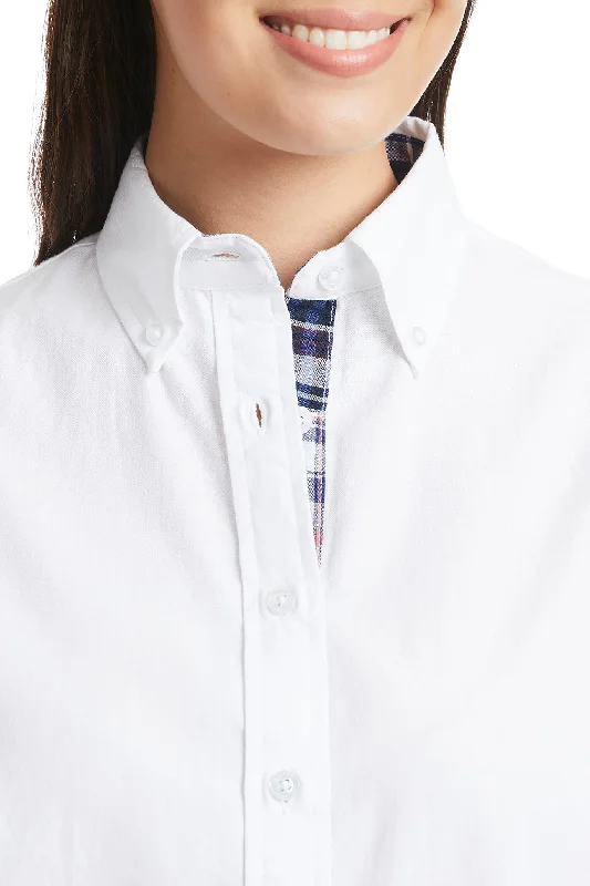 Ladies Button Down Long Sleeve Shirt White Oxford with Seapoint Patch Madras Trim