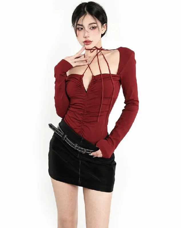 Olivia Solid Color Red Halter Long Sleeve Square Neck Ruched Slim Top