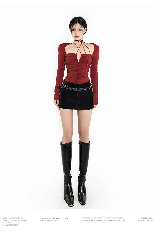 Olivia Solid Color Red Halter Long Sleeve Square Neck Ruched Slim Top