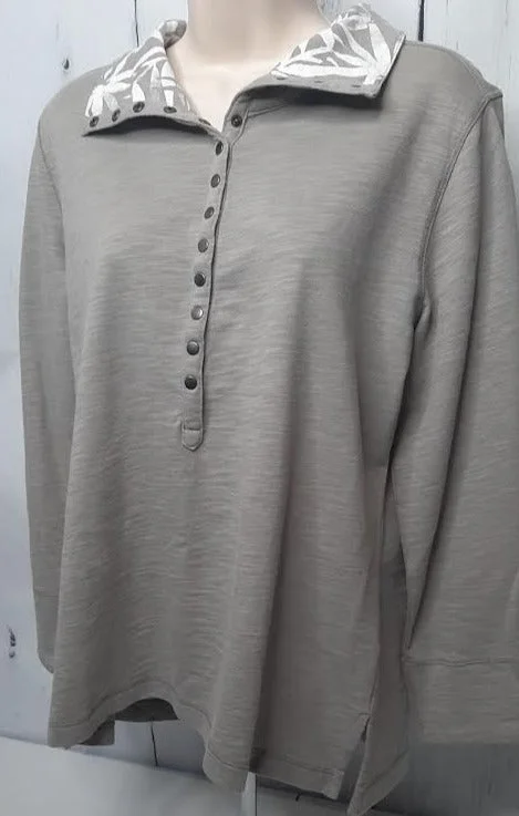 Top-Taupe/White-Placket-Long Sleeve-Slub French Terry-Women's-8008