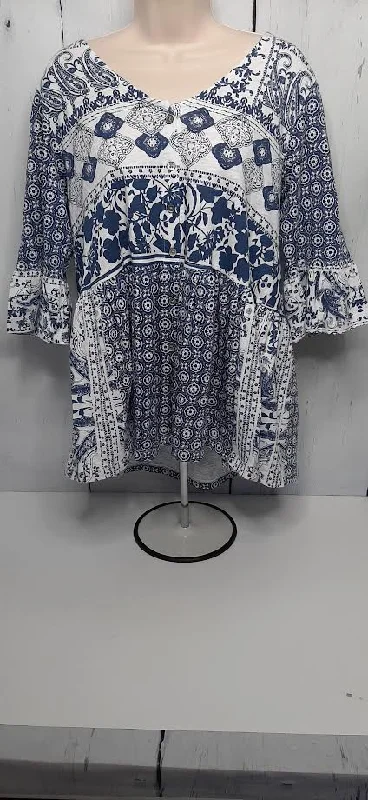 Shirt-Button Front Elbow Sleeve Patchwork Print Blue/White Top-1126