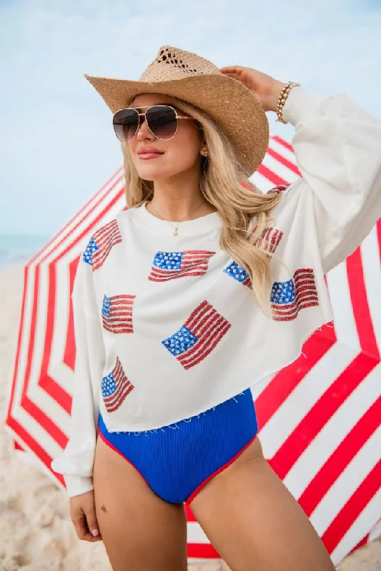 Freedom Forever Ivory Flag Patch Cropped Pullover FINAL SALE