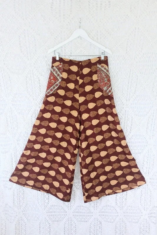 Joni High Waisted Flares - Vintage Indian Sari - Autumn Umber & Earth Toned Polka Dot - Free Size L/XL