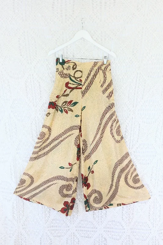 Joni High Waisted Flares - Vintage Indian Sari - Cream, Red & Teal Bold Floral - Free Size S/M