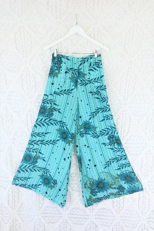 Joni High Waisted Flares - Vintage Indian Sari - Shimmering Aqua & Tropical Teal Floral - Free Size S