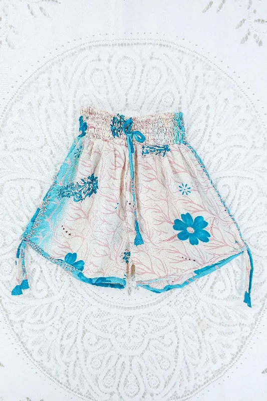 Pippa Shorts - Aqua & Oat Floral Jacquard - Vintage Indian Sari - S/M