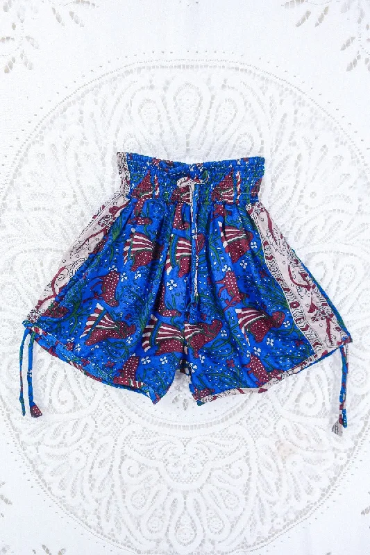 Pippa Shorts - Majorelle Blue & Burgundy Pastoral Print - Vintage Indian Sari - S/M