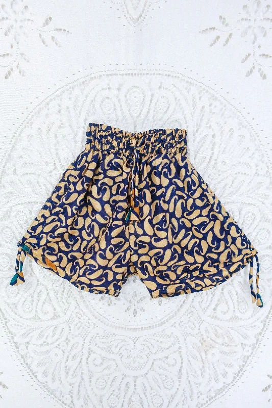 Pippa Shorts - Night Sky Blue & Gold Paisley - Vintage Indian Sari - S