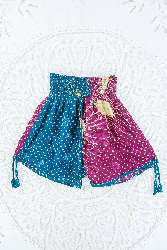 Pippa Shorts - Wine & Deep Teal Patchwork Floral - Vintage Indian Sari - S