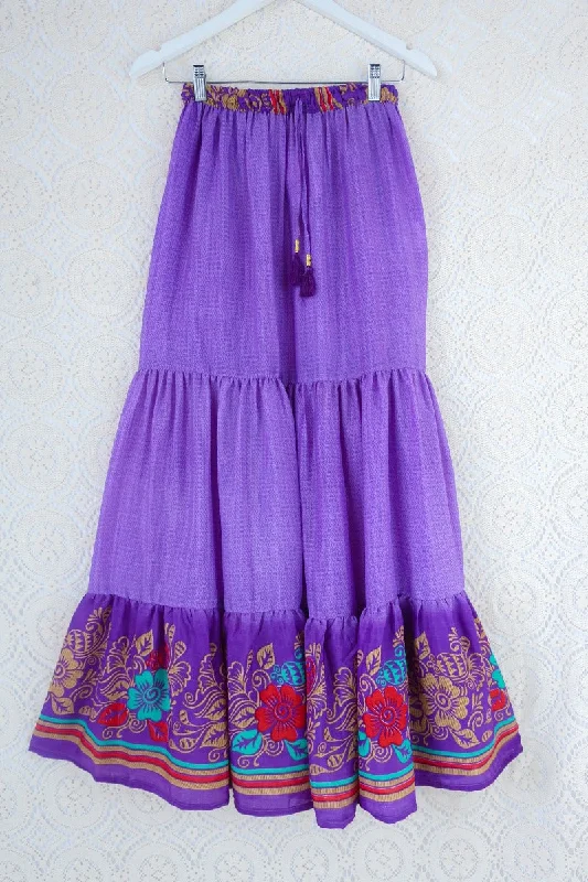 Rosie Maxi Skirt - Vintage Indian Sari - Violet Purple Border Floral - XS-S/M