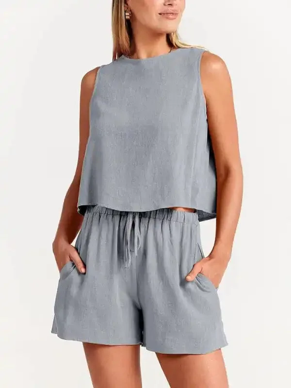 Women’s Woven Solid Color Sleeveless Loose Cotton Linen Top Shorts Two-Piece Set