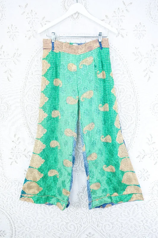 Tandy Wide Leg Trousers - Vintage Sari - Spring Green & Sky Blue Paisley - Free Size M/L