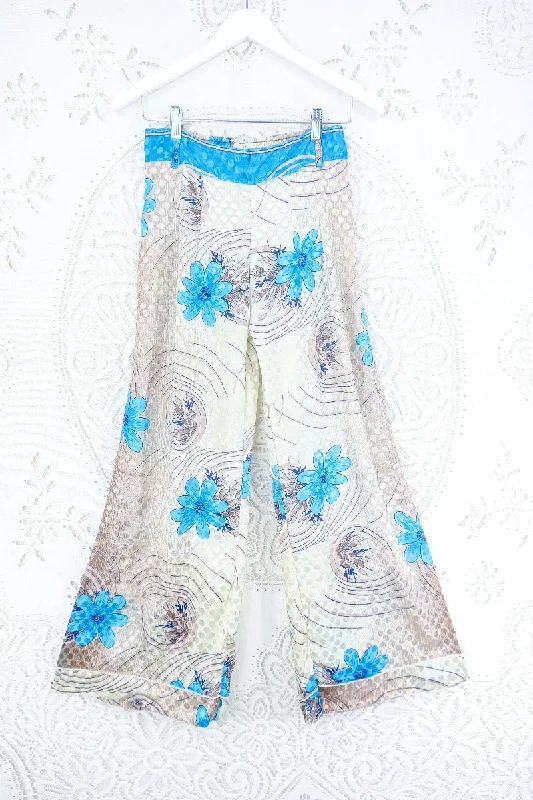 Tandy Wide Leg Trousers - Vintage Sari - Vanilla & Electric Blue Floral - Free Size S/M