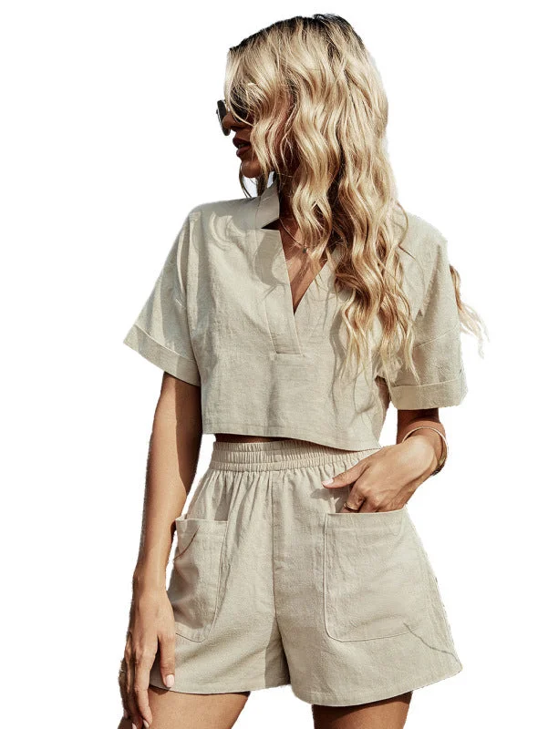 Women’s V -neck casual loose short sleeve bag shorts two -piece suit two -piece suit