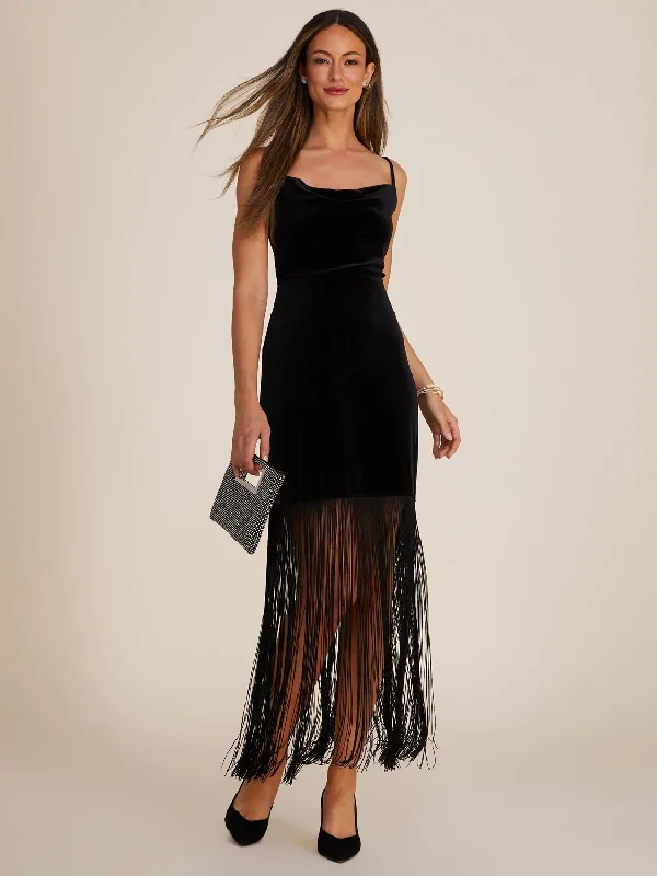 Cowl Neck Velvet Gown With Fringe Hemline