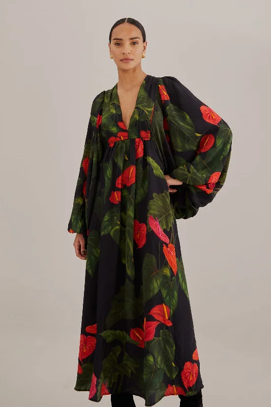 Black Anthurium V Neck Maxi Dress