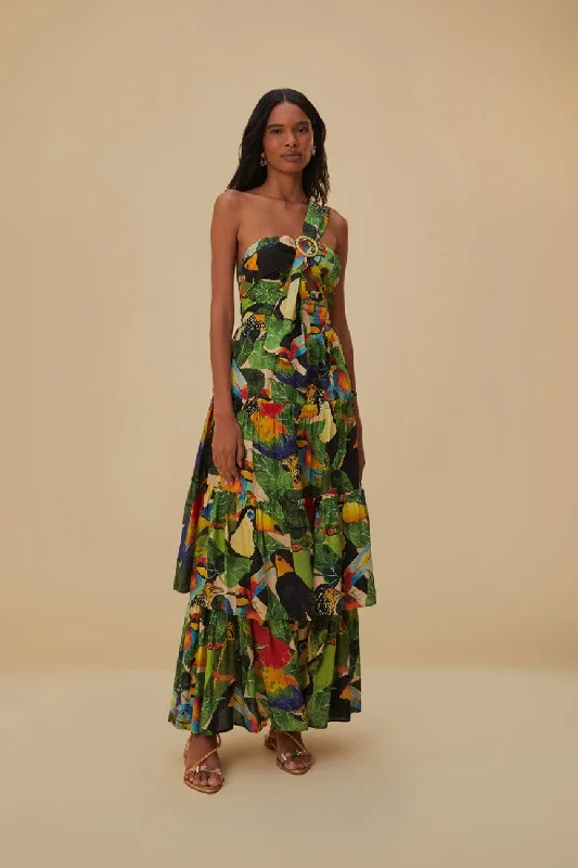 Bird Leaves Sand One Shoulder Maxi Dress