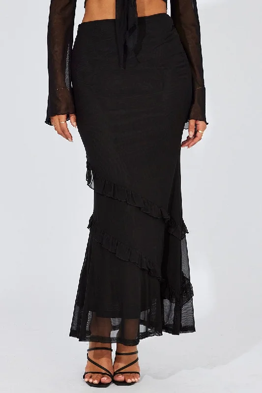 Black Maxi Skirt Mesh Asymmetric Ruffle