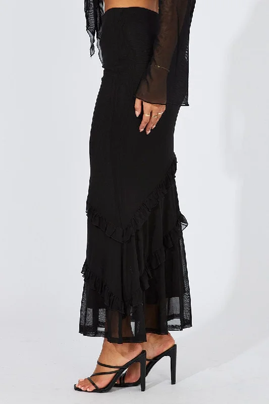 Black Maxi Skirt Mesh Asymmetric Ruffle