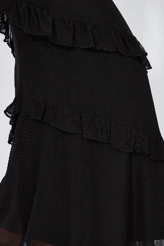 Black Maxi Skirt Mesh Asymmetric Ruffle