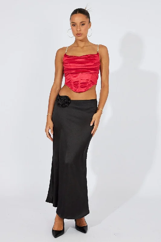 Black Satin Rose Flower Brooch Maxi Skirt