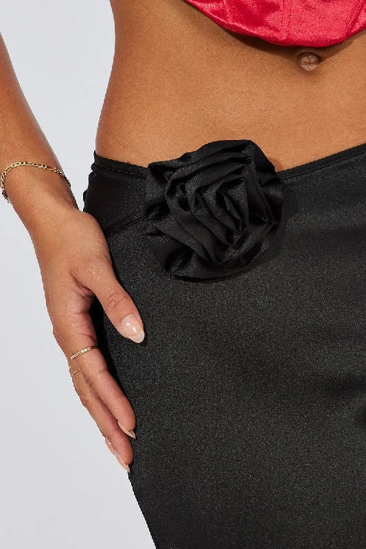 Black Satin Rose Flower Brooch Maxi Skirt