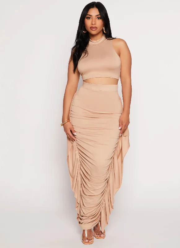 Ruched Ruffle Side Maxi Pencil Skirt