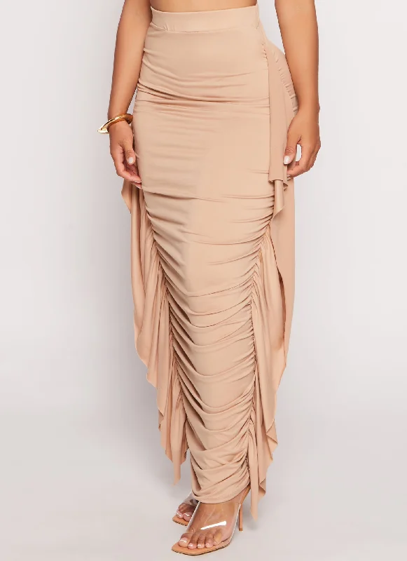 Ruched Ruffle Side Maxi Pencil Skirt