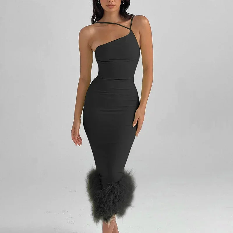 Feather Autumn Winter Dress Women One Shoulder Bodycon Maxi Dress