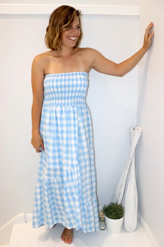 Florence Strapless Dress In Sky Blue Cotton Gingham