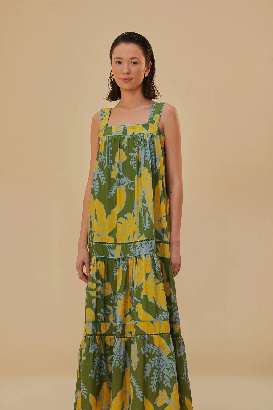 Green Foliage Sketch Sleeveless Maxi Dress