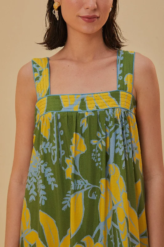 Green Foliage Sketch Sleeveless Maxi Dress