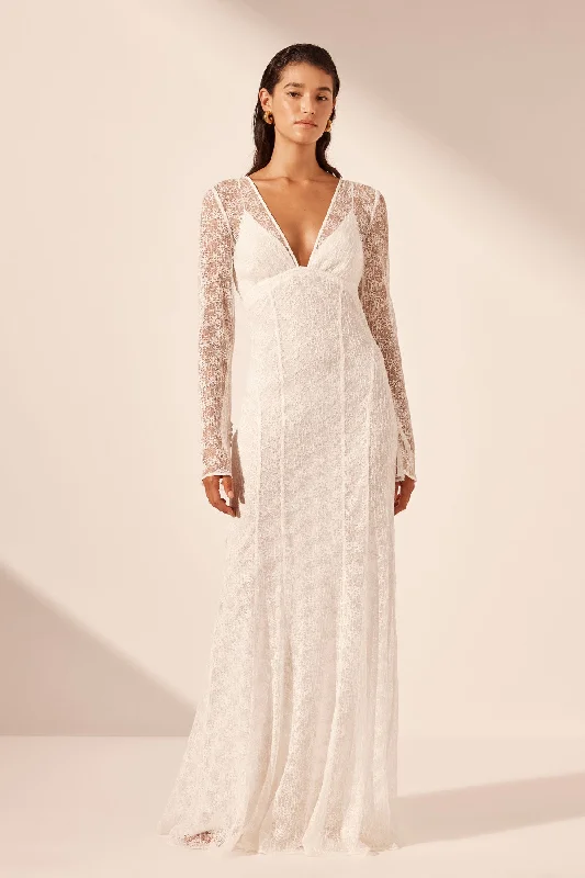 LA LUNE SOL LACE PLUNGED PANELLED MAXI DRESS - IVORY