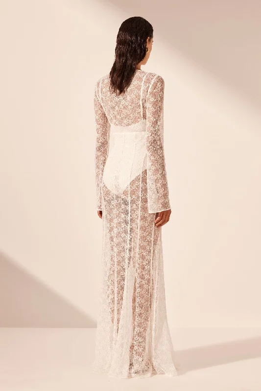 LA LUNE SOL LACE PLUNGED PANELLED MAXI DRESS - IVORY