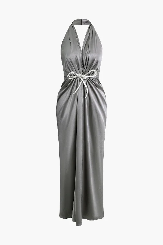 Satin Backless Halter V-neck Ruched Maxi Dress With Tie