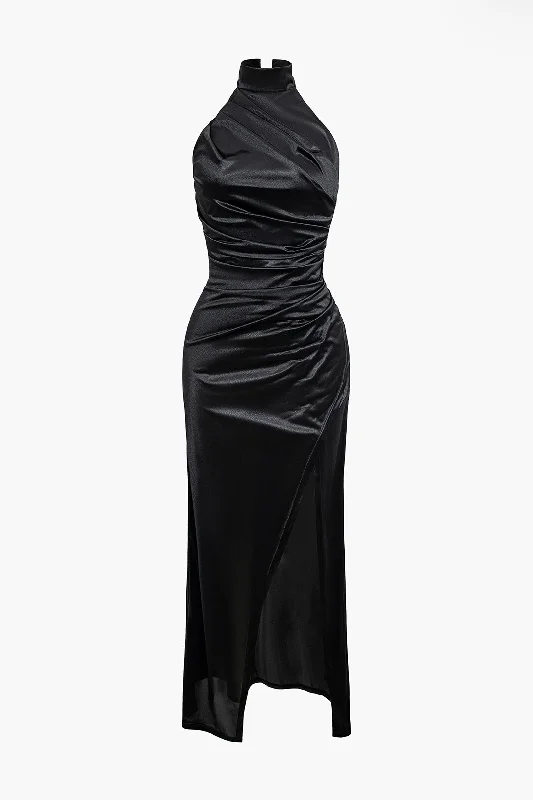 Mock Neck Slit Ruched Maxi Dress