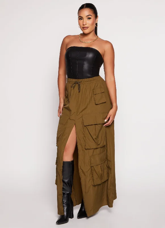 Nylon Drawstring Front Slit Maxi Cargo Skirt