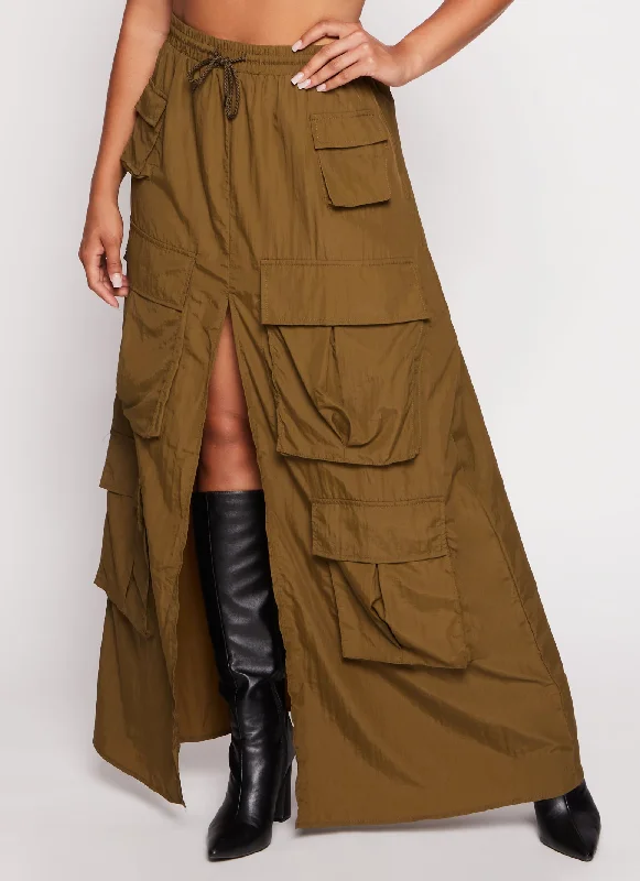 Nylon Drawstring Front Slit Maxi Cargo Skirt