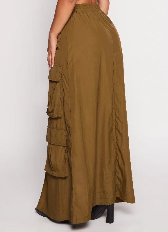 Nylon Drawstring Front Slit Maxi Cargo Skirt