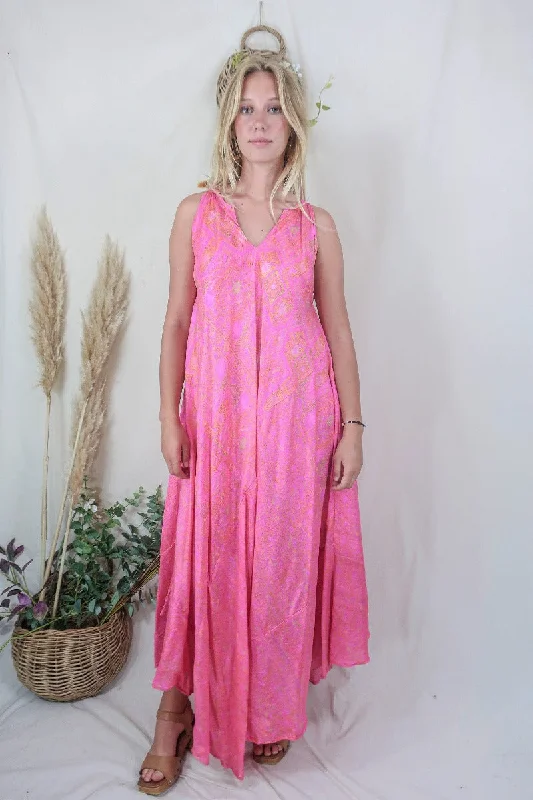 Siren Maxi Dress - Barbara Pink Paisley Maze - Vintage Indian Silk - M/L